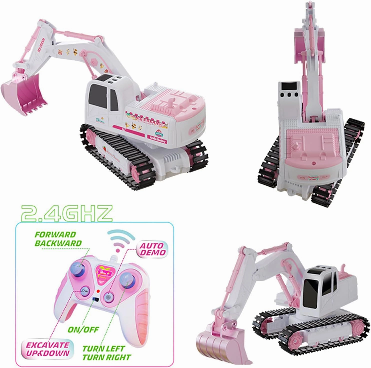 Pink RC Excavator, 6 Channel 2.4Ghz RC Construction Vehicle,1:24 Scale Pink Excavator Toy with 360° Rotation, Light Sound and DIY Stickers Birthday Gift for 4-12 Girls Kids