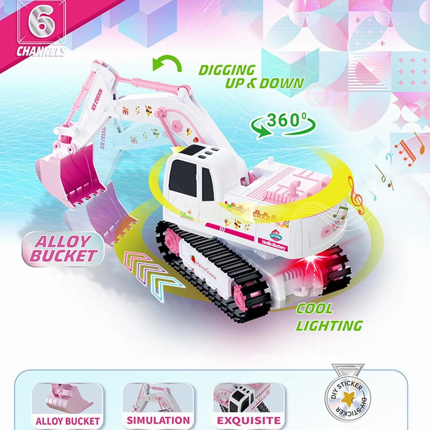 Pink RC Excavator, 6 Channel 2.4Ghz RC Construction Vehicle,1:24 Scale Pink Excavator Toy with 360° Rotation, Light Sound and DIY Stickers Birthday Gift for 4-12 Girls Kids