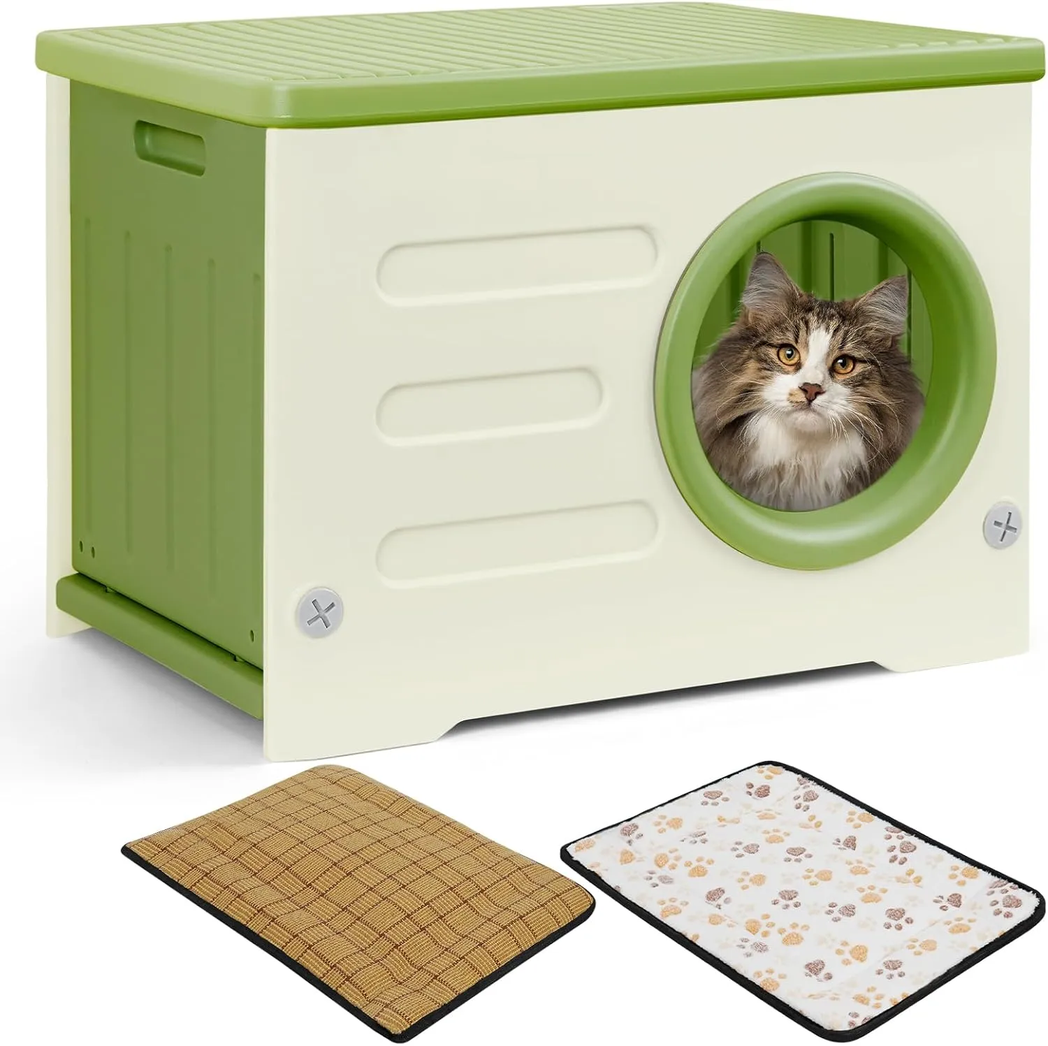Plastic Cat House for Outdoor Indoor Use, Stackable Feral Cat Shelter Indoor Cat House Weatherproof Waterproof Elevated, with 2-Sided Cushion (Green)