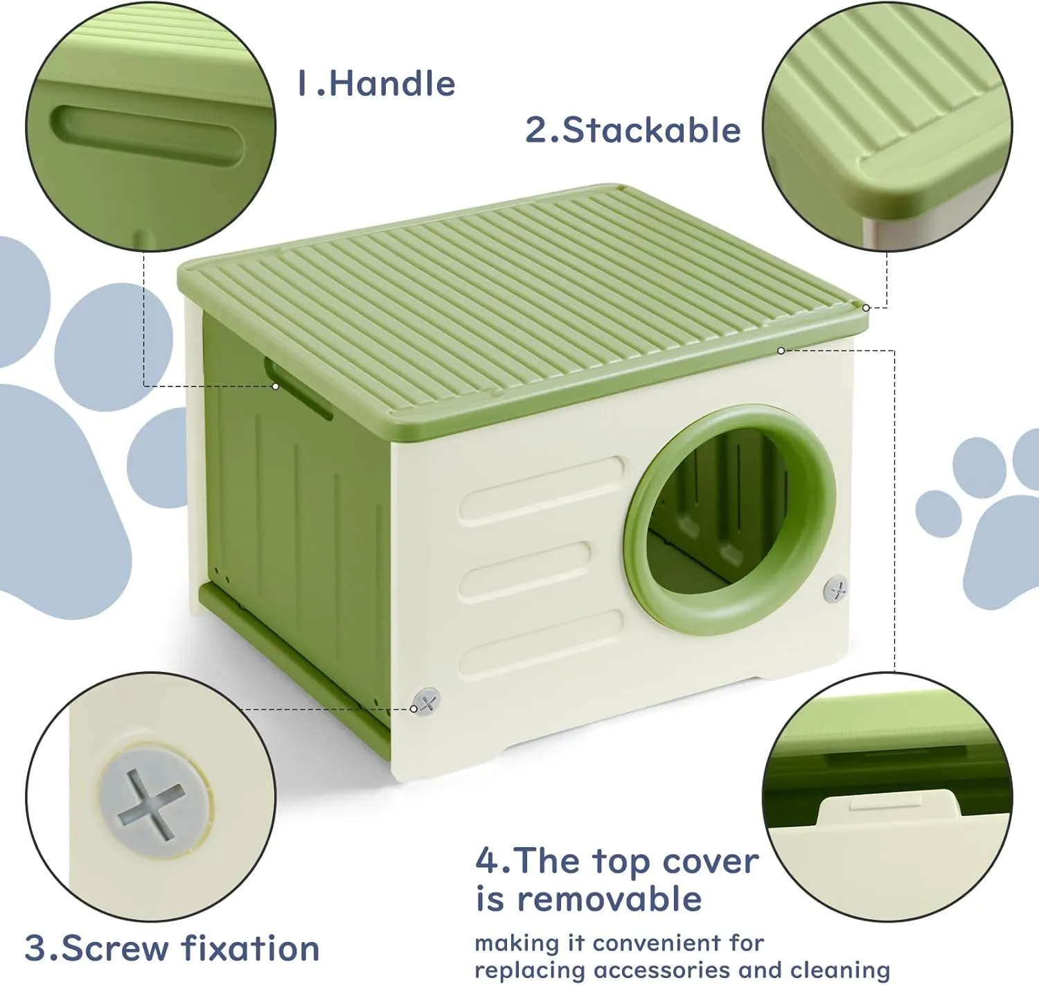 Plastic Cat House for Outdoor Indoor Use, Stackable Feral Cat Shelter Indoor Cat House Weatherproof Waterproof Elevated, with 2-Sided Cushion (Green)