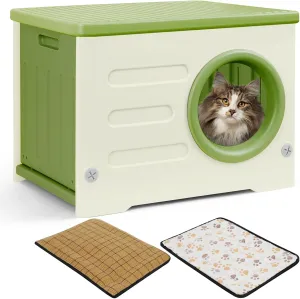Plastic Cat House for Outdoor Indoor Use, Stackable Feral Cat Shelter Indoor Cat House Weatherproof Waterproof Elevated, with 2-Sided Cushion (Green)