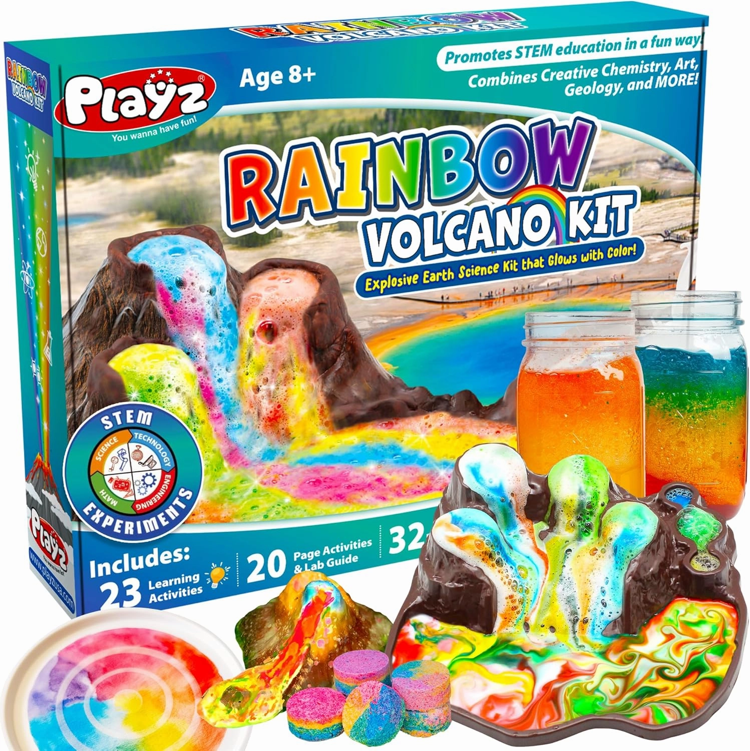 Playz Explosive Rainbow Volcano Kit for Kids with 23  Science Chemistry Set Activities & Experiments, Glow in The Dark Learning & Education Toys, & Earth Science Kits for Kids Age 8-12, Boys, & Girls