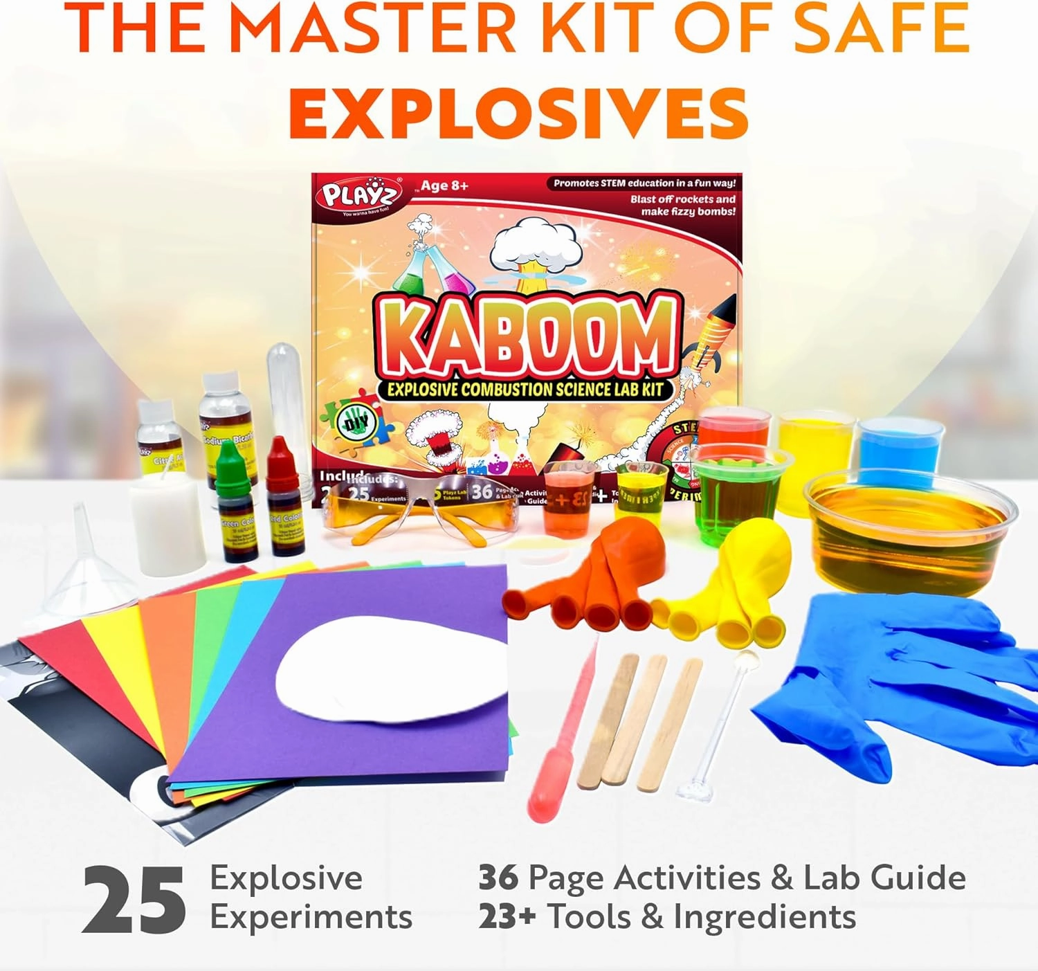 Playz Kaboom! 50  Explosive Science Experiments Kit for Kids Age 8-12 with 25 Playz Lab Token Experiments - Chemistry Set STEM Learning & Educational Toys & Gifts for Boys, Girls, Teenagers & Kids