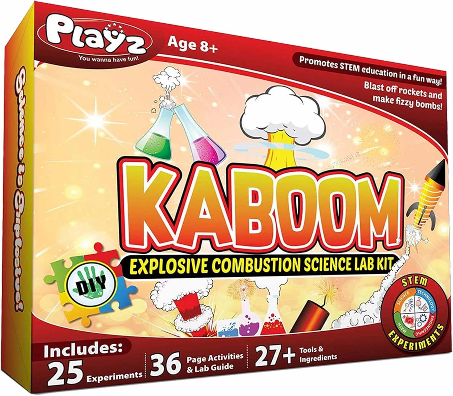 Playz Kaboom! 50  Explosive Science Experiments Kit for Kids Age 8-12 with 25 Playz Lab Token Experiments - Chemistry Set STEM Learning & Educational Toys & Gifts for Boys, Girls, Teenagers & Kids
