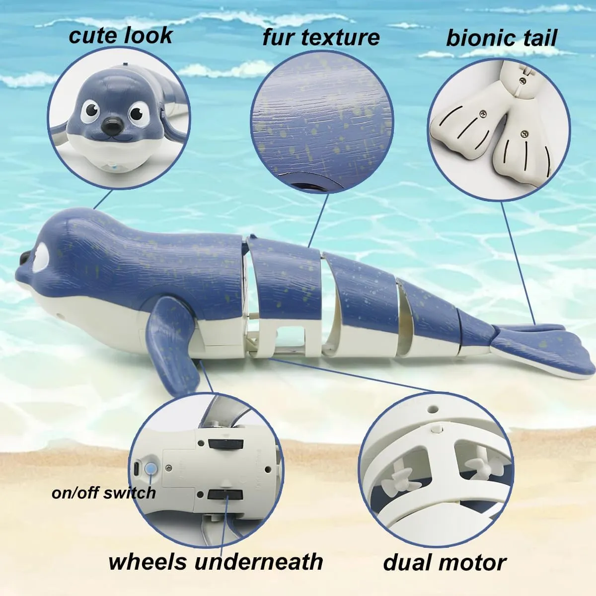 Pool Toys Amphibious Remote Control Lazy Seal 2.4Ghz Rechargeable Battery Cute Toys Robot Fish Remote Control Shark Car Bath Toys Interactive Crawling Toys for Toddler Kids 3,4,5 Years Old Boys Girls