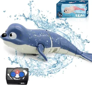 Pool Toys Amphibious Remote Control Lazy Seal 2.4Ghz Rechargeable Battery Cute Toys Robot Fish Remote Control Shark Car Bath Toys Interactive Crawling Toys for Toddler Kids 3,4,5 Years Old Boys Girls