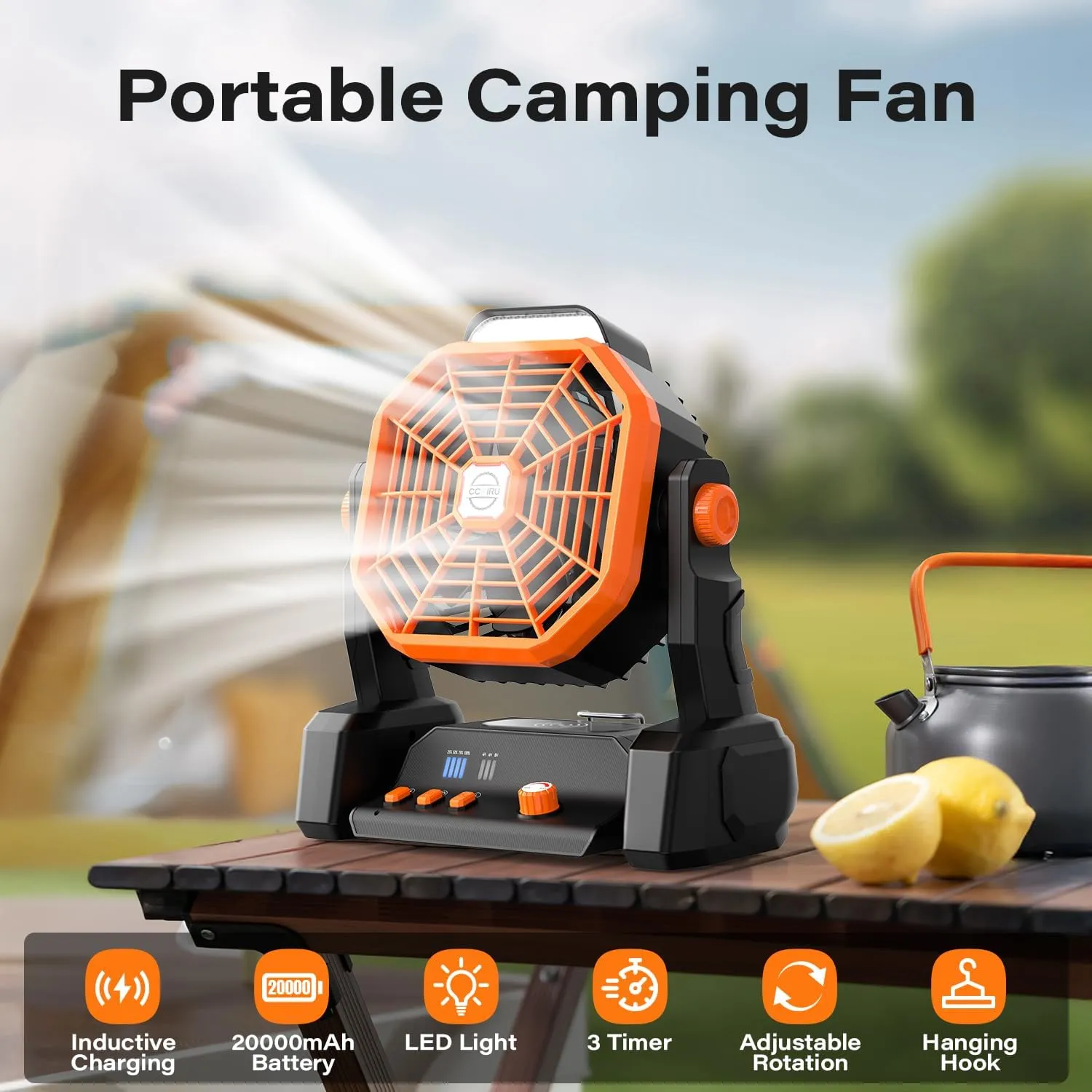 Portable Camping Fan Rechargeable with Inductive Charging Function, 20000mAh Battery Operated Fan with Lights, Outdoor Battery Powered Fan with Remote, 3 Timer for Picnic, Fishing, Travel, Home