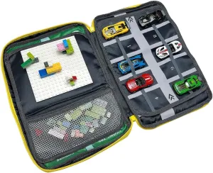 Portable Kids Play Case with Toy Cars, Dinosaur Design, Building Base Plate, and City Road Map, Educational Travel Activity Set