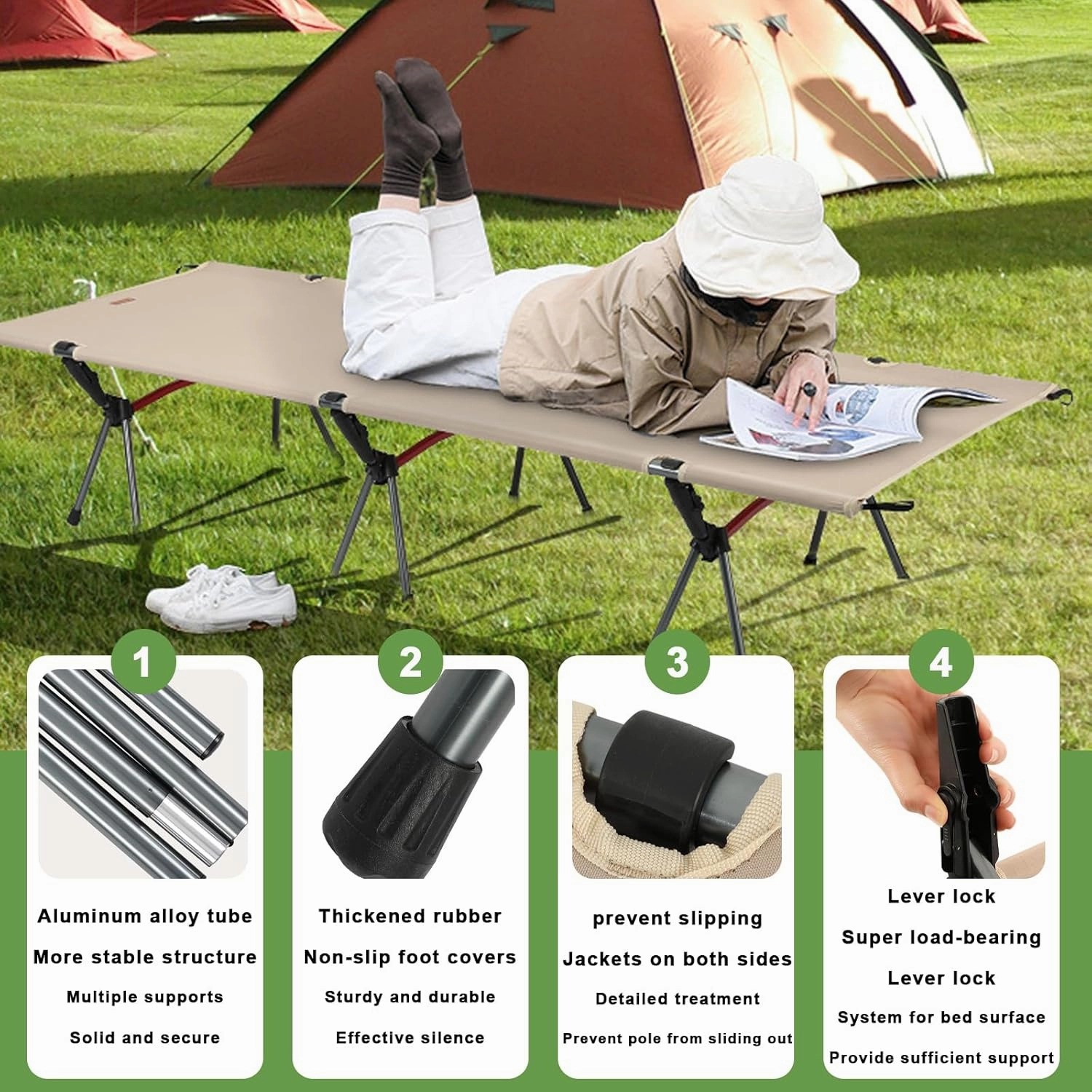 Portable Camping Folding Bed can Bear 330LB Weight, Adjustable Height Office Folding Bed, Camping Cots for Adults with Storage Bag for Home, Office, Outdoor Camping Green 74.8x26.8x15in