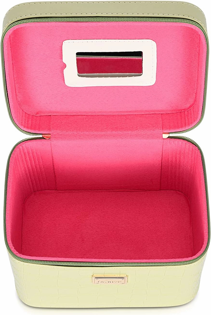 Portable Leather Cosmetic Case with Mirror, Green Large Capacity Cosmetic Organizer, Professional Train Case Makeup Box for Women Adults
