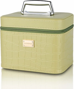 Portable Leather Cosmetic Case with Mirror, Green Large Capacity Cosmetic Organizer, Professional Train Case Makeup Box for Women Adults