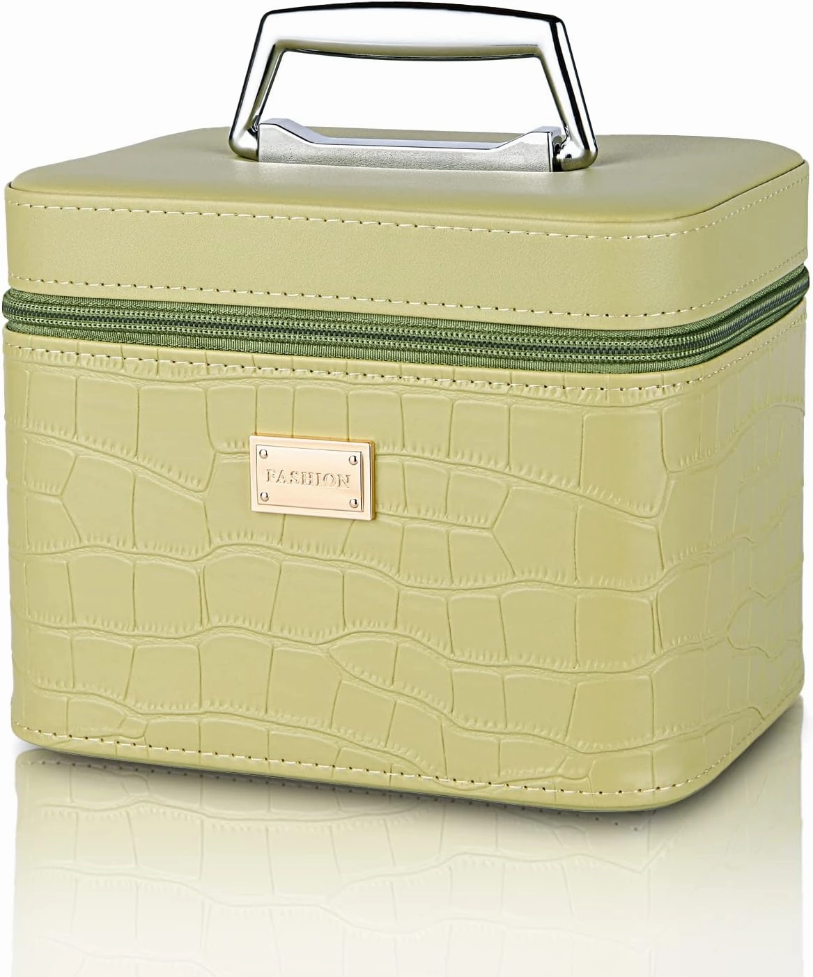 Portable Leather Cosmetic Case with Mirror, Green Large Capacity Cosmetic Organizer, Professional Train Case Makeup Box for Women Adults