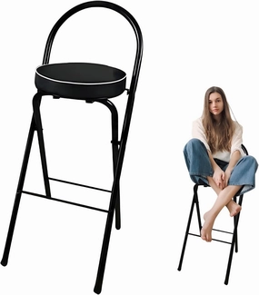 Portable PU Padded Folding Stool, Height Stool with Footrest, Breakfast Camping Outdoor High Chair for Adults Kitchen Island (Color : Black 2pcs, Size 70cm/28in) (Black 1pcs 65cm/