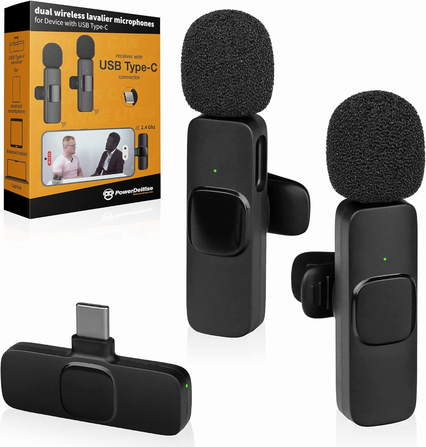 PowerDeWise Wireless Microphone for iPhone, iPad, Android, Lavalier Microphone for Video Recording - 2 Pack iPhone Mic Crystal Clear Recording with USB-C for Podcast, ASMR (Dual USB C)