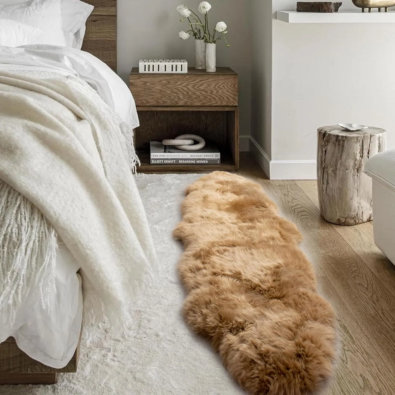 Premium Genuine Sheepskin Area Rug for Bedroom,Real Fluffy Soft Wool Fur Carpet Natural Luxury Lambskin Rugs Seat Chair Covers for Couch Sofa Living Room(Tan,2×6 Feet Sheepskin)