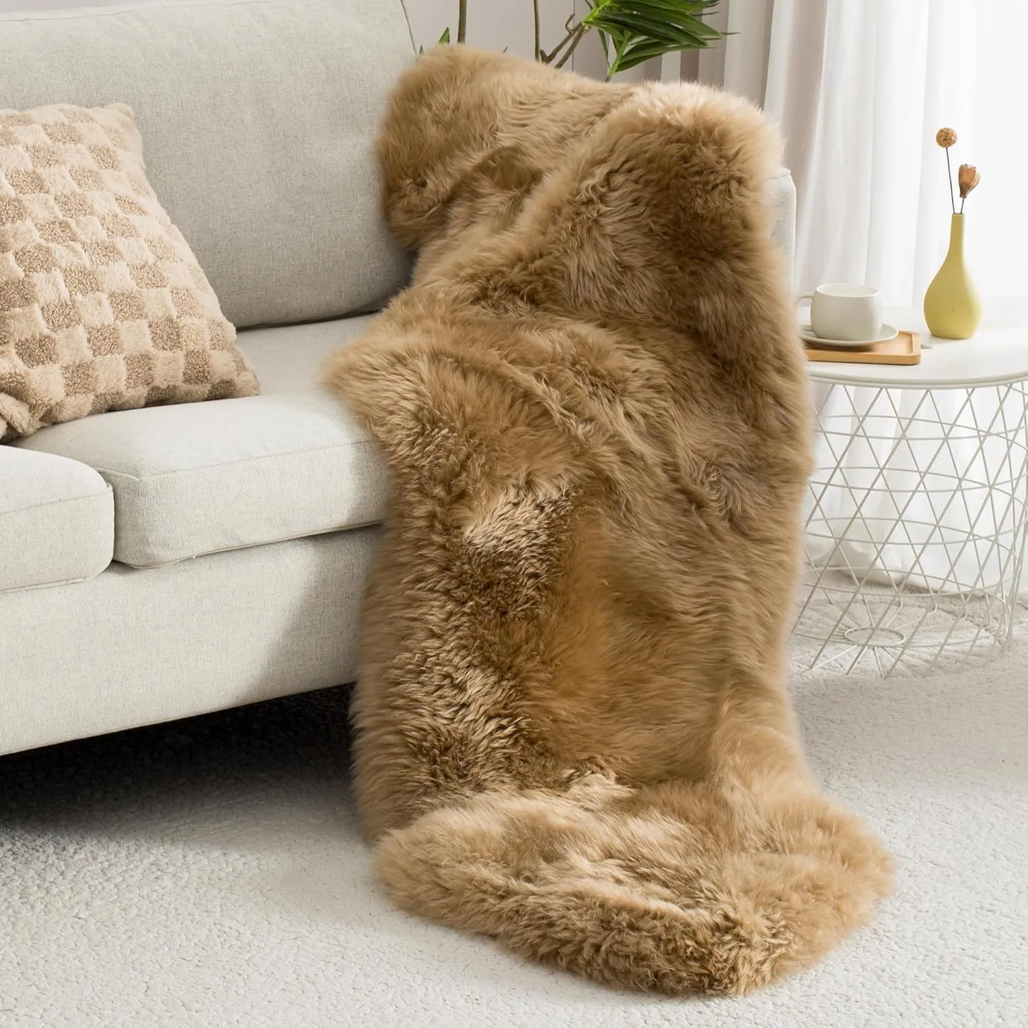 Premium Genuine Sheepskin Area Rug for Bedroom,Real Fluffy Soft Wool Fur Carpet Natural Luxury Lambskin Rugs Seat Chair Covers for Couch Sofa Living Room(Tan,2×6 Feet Sheepskin)