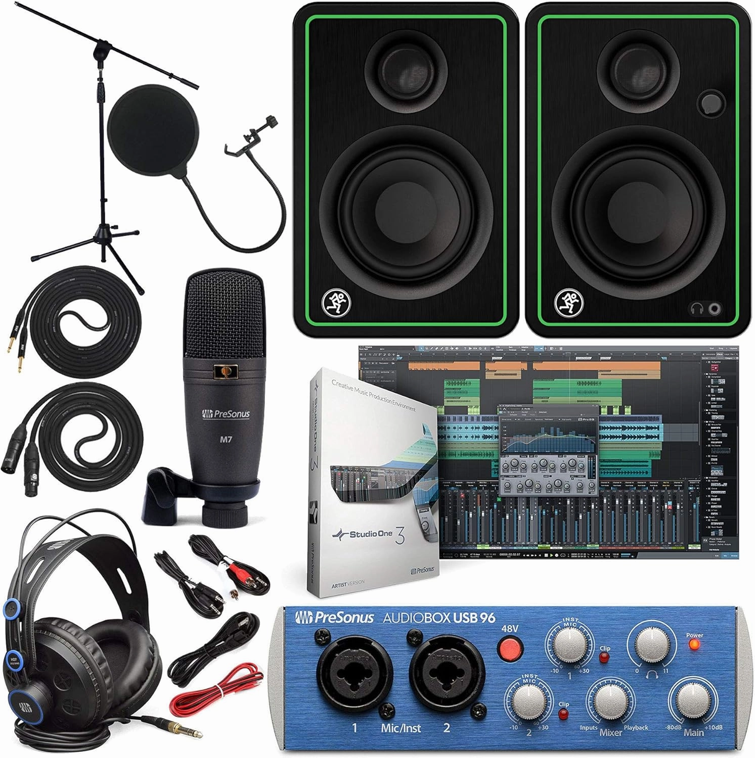 Presonus AudioBox 96 Audio Interface Full Studio Bundle with Studio One Artist Software Pack with Mackie New CR3-X 3" Creative Multimedia Monitors and 1/4” Instrument Cables