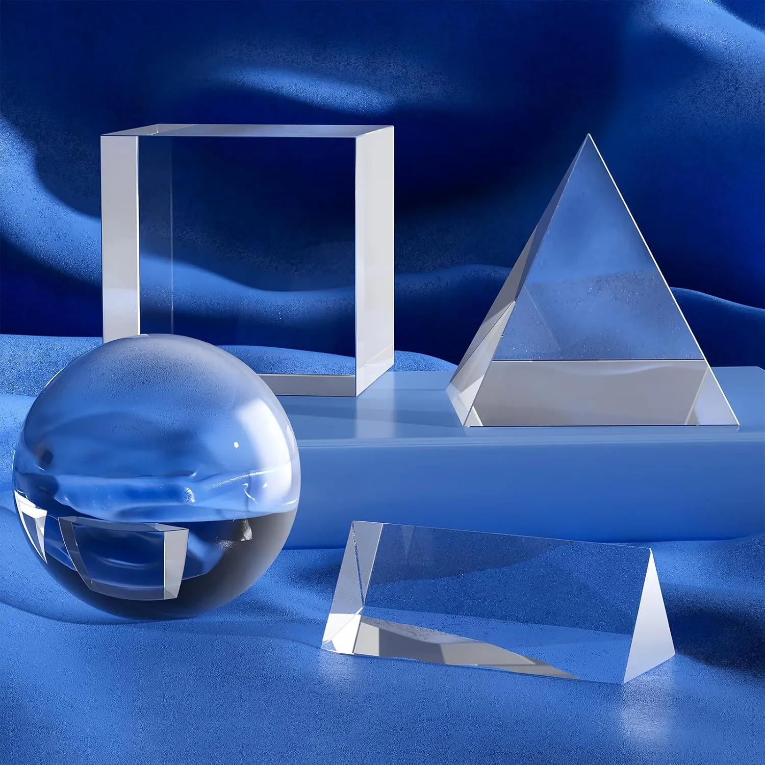 Prism Set, 4 Pack K9 Optical Crystal Photography Prism Set, Include 55mm Crystal Ball, 50mm Crystal Cube, 50mm Triangular Prism, 60mm Optical Pyramid, Gift Box for Teaching, Science, Photography, Play