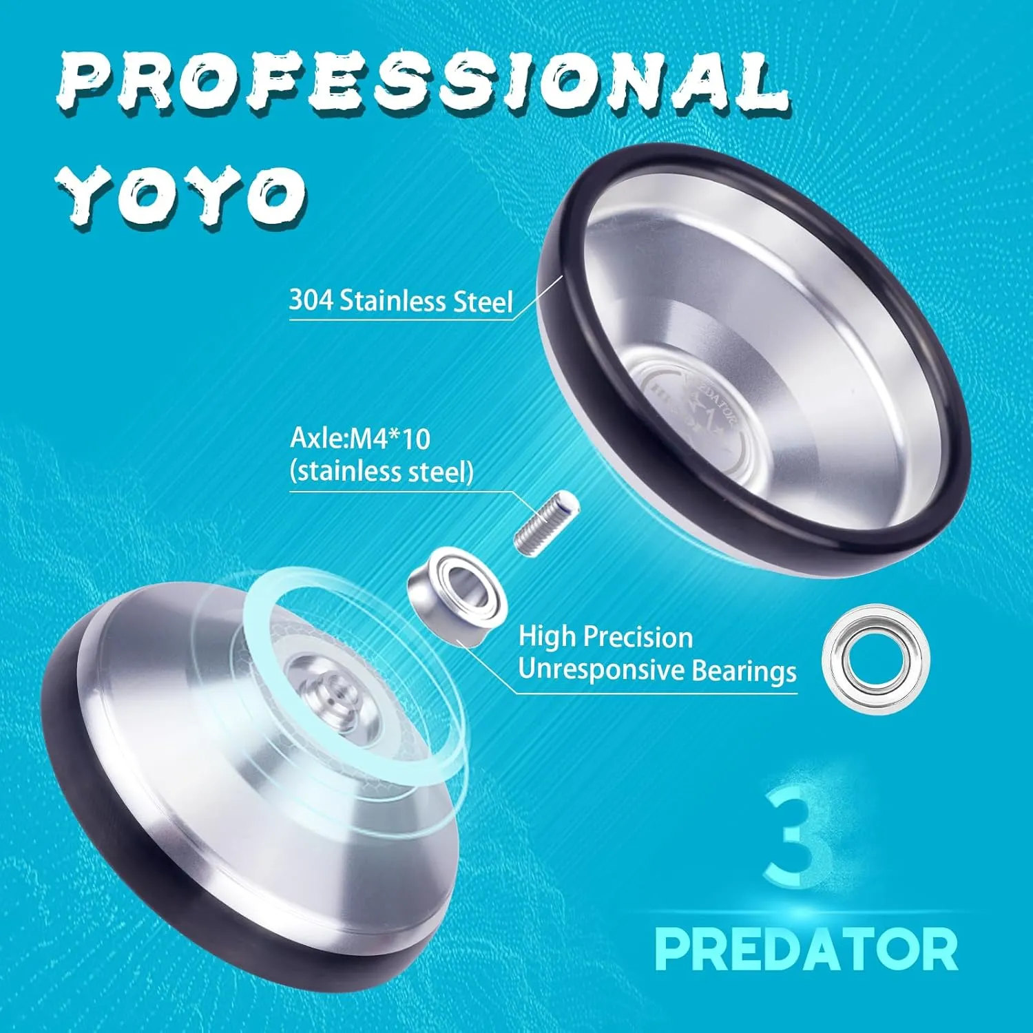 Professional Bi-Metal Yoyo, Unresponsive Yoyo for Adults Advanced Players Predator 3 Trick yoyo with Premium YOYO Bearingswith Yo-Yo Accessories - Sliver and Black
