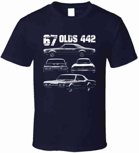 PurpleMonkeyTees 1967 Oldsmobile 442 Muscle Car Multi View Design with Year and Model T Shirt