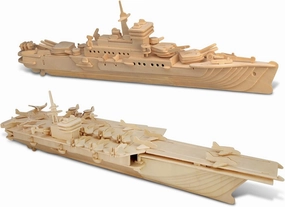 Puzzled Bundle of Battleship & Aircraft Carrier Wooden 3D Puzzles Construction Kits, Fun Educational DIY Naval Ships Toys Assemble Models Unfinished Wood Craft - 2 Pack