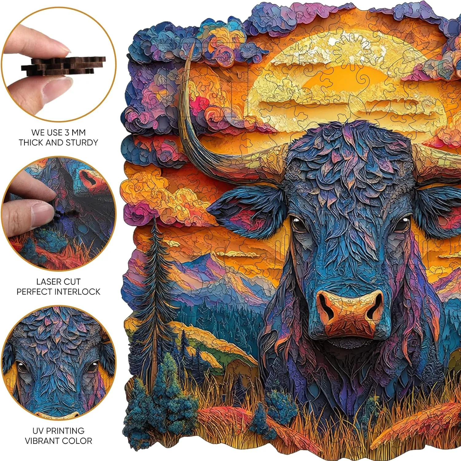 Puzzles for Adults 3D Longhorn Wooden Puzzles, 200 Pieces Unique Shaped Liberty Jigsaw Puzzles, Creative Toys for Adults and Kids, Fun Challenge Family Game 11.2'' x 11.2''