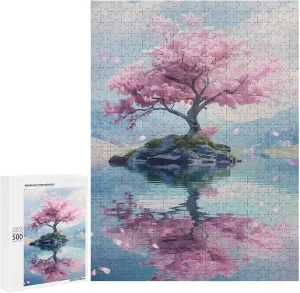Puzzles for Adults 500 Pieces - Cherry Blossom Tree on an Island Cherry Blossom Funny Inspirational Wooden Jigsaw Puzzles for Family Activities Games