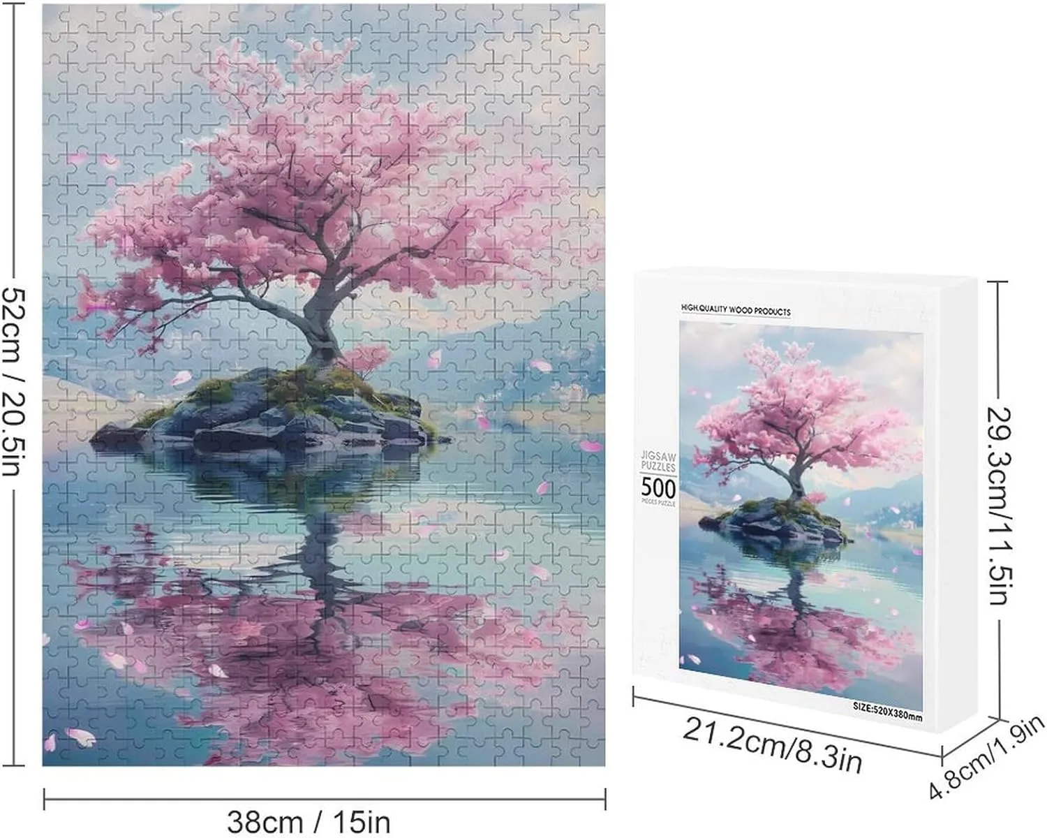 Puzzles for Adults 500 Pieces - Cherry Blossom Tree on an Island Cherry Blossom Funny Inspirational Wooden Jigsaw Puzzles for Family Activities Games
