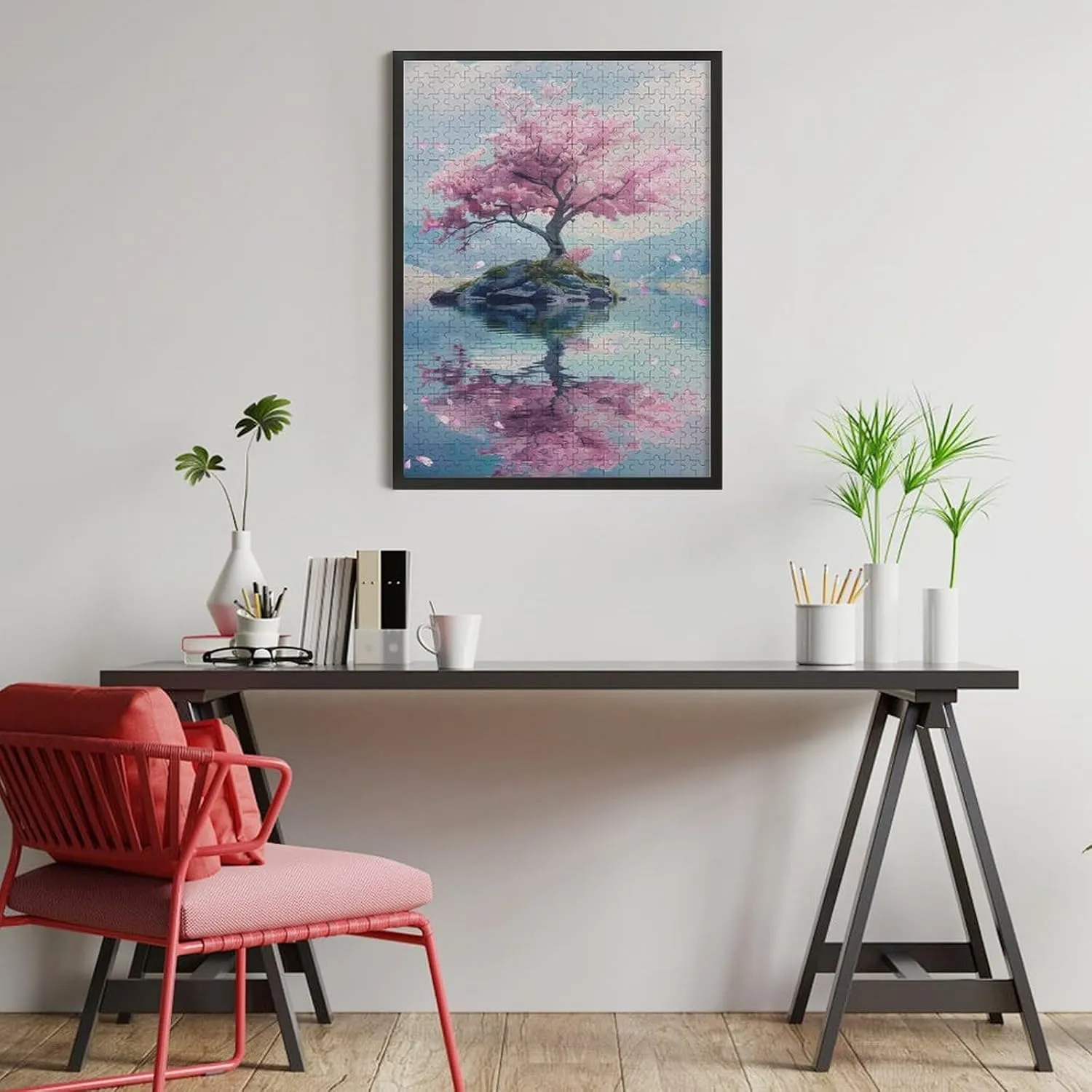 Puzzles for Adults 500 Pieces - Cherry Blossom Tree on an Island Cherry Blossom Funny Inspirational Wooden Jigsaw Puzzles for Family Activities Games