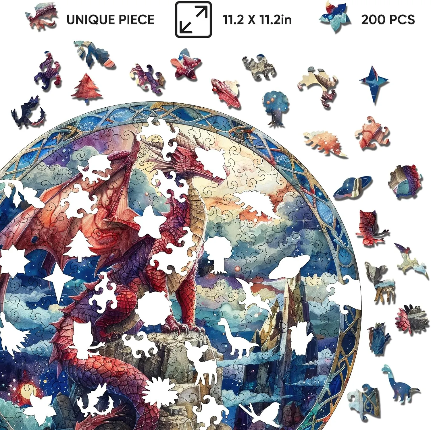 Puzzles for Adults Starry Sky Dragon Wooden Puzzles, 200 Pieces Unique Shaped Liberty Jigsaw Puzzles, Creative Toys for Adults and Kids, Fun Challenge Family Game 11.2'' x 11.2''