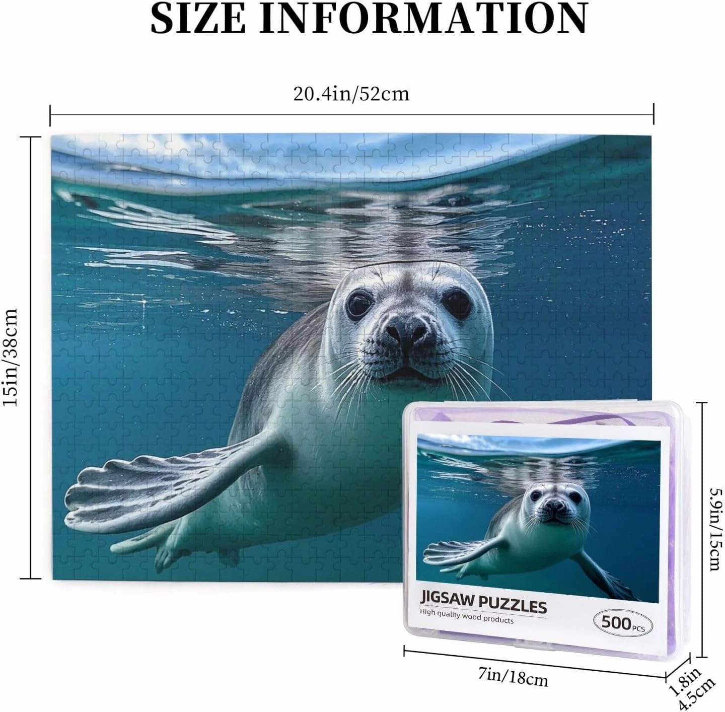 Puzzles 500 Pieces (20.4" x 15") Personalized Jigsaw Puzzles Harp Seal Wallpaper Puzzle Challenging Photo Puzzle with Storage Bag Picture Puzzle for Adults Family