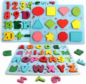 Puzzles for Toddlers, 3 Pack Wooden ABC Alphabet Number Shape Puzzles Toddler Learning Toys for Kids Boys and Girls 2-4, Preschool Educational Toys Gift for Kids Ages 1 2 3 4 5
