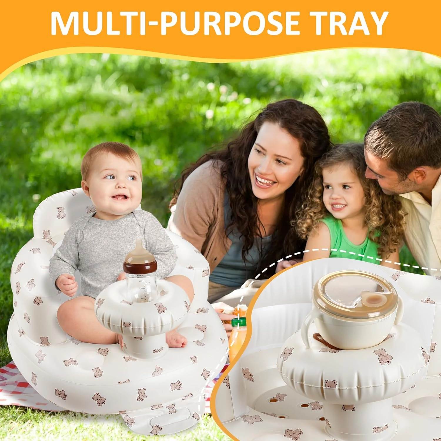 QMVESS Inflatable Baby Seat with Tray, Fully Supportive Infant Floor Seat, Baby Chairs for Entertaining, Built in Air Pump Blow Up, Learning Sit-Up Seat for Infants 3 Months & Up (Bear)