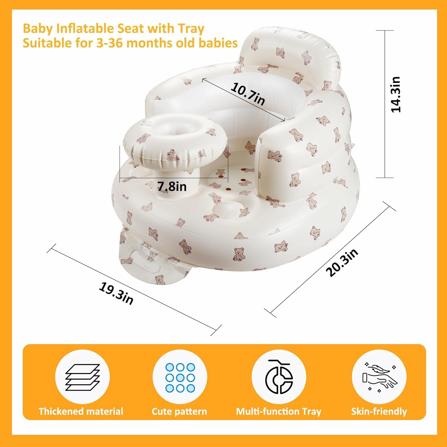 QMVESS Inflatable Baby Seat with Tray, Fully Supportive Infant Floor Seat, Baby Chairs for Entertaining, Built in Air Pump Blow Up, Learning Sit-Up Seat for Infants 3 Months & Up (Bear)