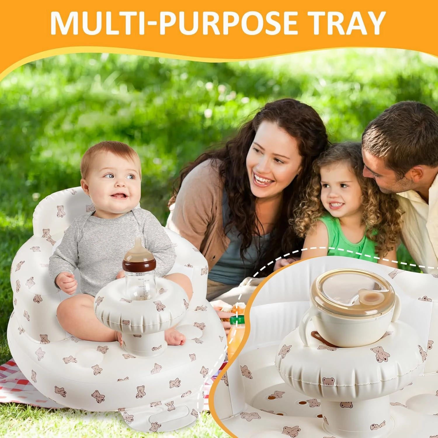 QMVESS Inflatable Baby Seat with Tray, Fully Supportive Infant Floor Seat, Baby Chairs for Entertaining, Built in Air Pump Blow Up, Learning Sit-Up Seat for Infants 3 Months & Up (Bear)