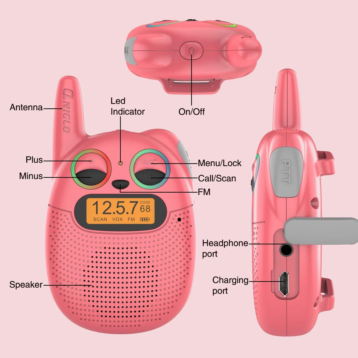Qniglo Walkie Talkie for Kids, Rechargeable Walkie Talkie Watch Long Range, Wrist Straps with Lanyard Perfect Outdoor Toys for 3  Years Old Boys Girls for Camping Hiking Adventures, 2 Pack