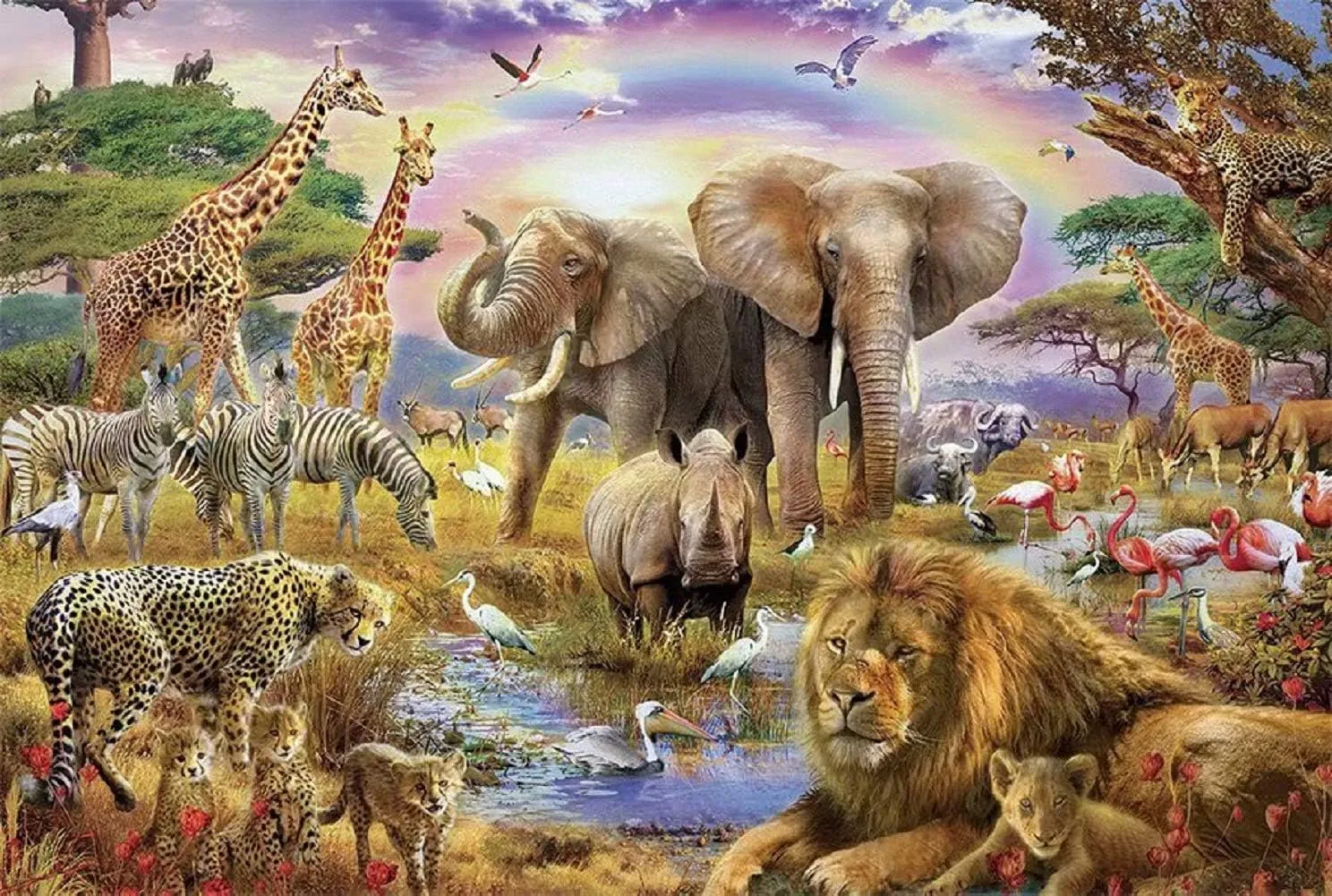 Queenie® 1000 Pieces African Jungle Animals Forest Beasts Rainbow Sunset Landscape Adults Brain Teasers Games Wooden Intelligence Jigsaw Puzzles