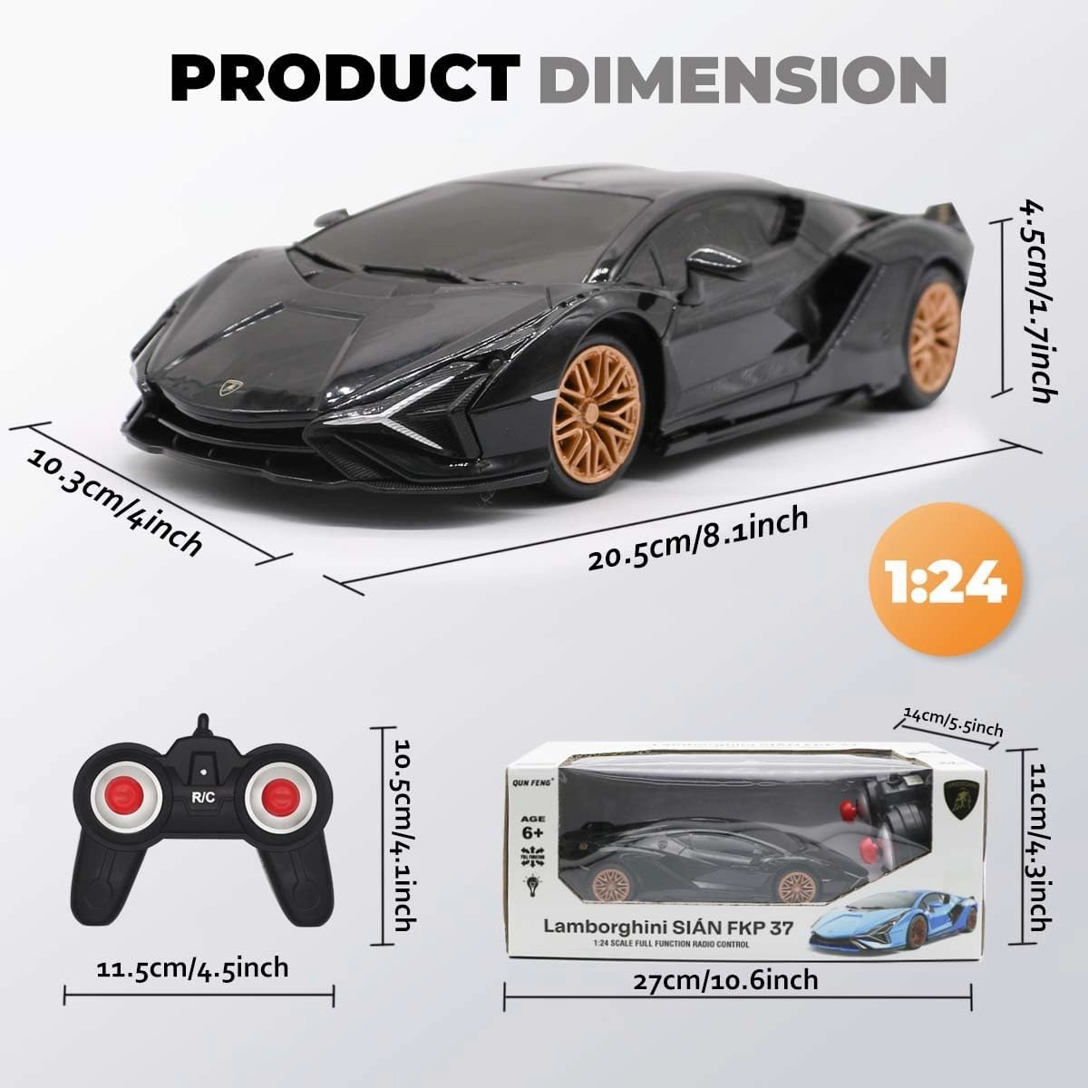 QUN XING Remote Control Car 1:24 Officially Licensed 2.4GHZ Rc Cars Lambo Sport Racing Toy Car for Kids Boys 4-7 Years Black