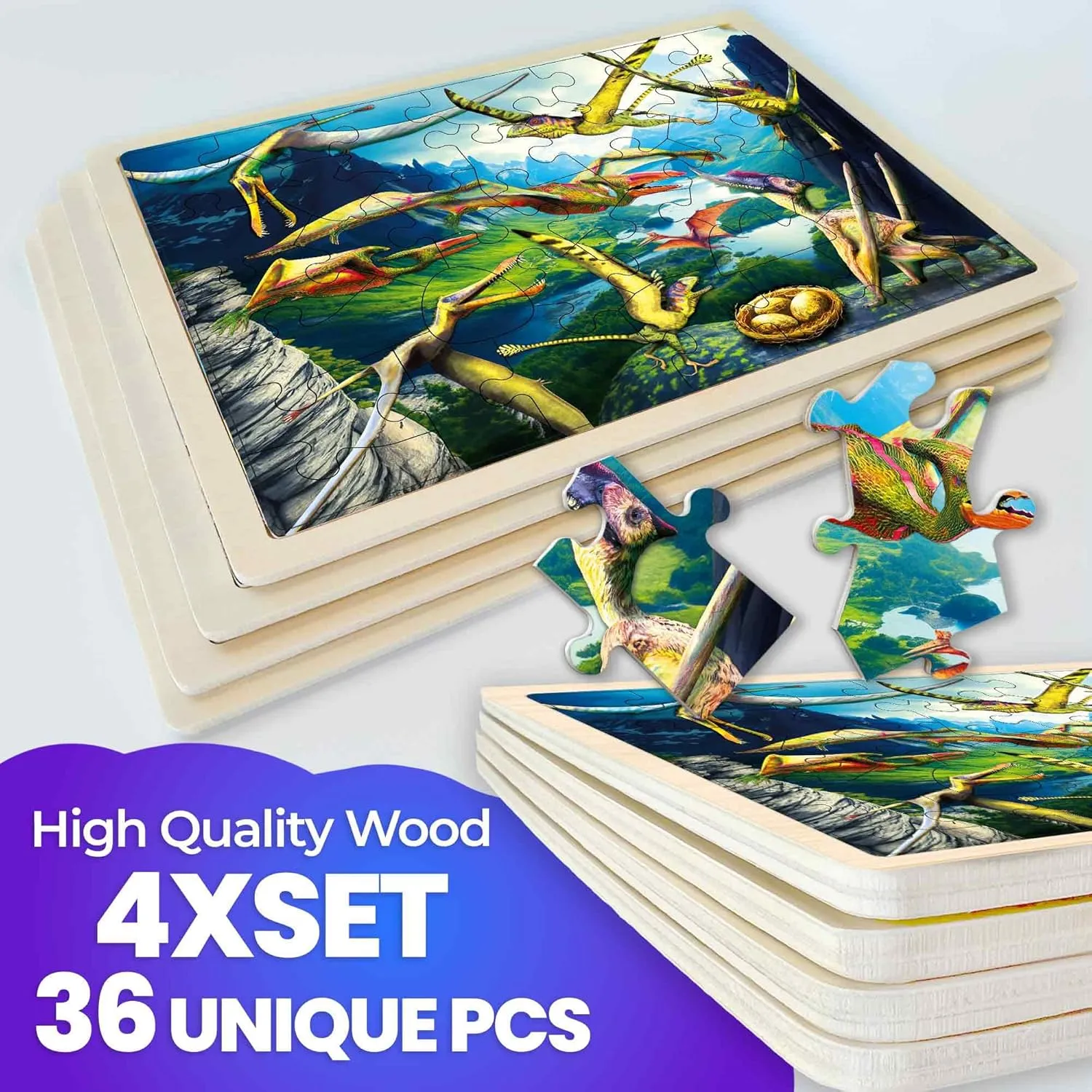 QUOKKA 4SET Puzzles for Kids Ages 4-6 - 36 Pcs Wooden Toddler Realistic Montessori Puzzles Ages 3-5 - Land, Sea, Desert, and Sky Dinosaurs Learning Games for Boys and Girls 4-8 Year Olds
