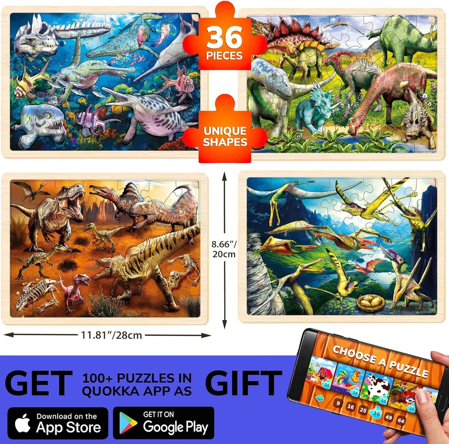 QUOKKA 4SET Puzzles for Kids Ages 4-6 - 36 Pcs Wooden Toddler Realistic Montessori Puzzles Ages 3-5 - Land, Sea, Desert, and Sky Dinosaurs Learning Games for Boys and Girls 4-8 Year Olds