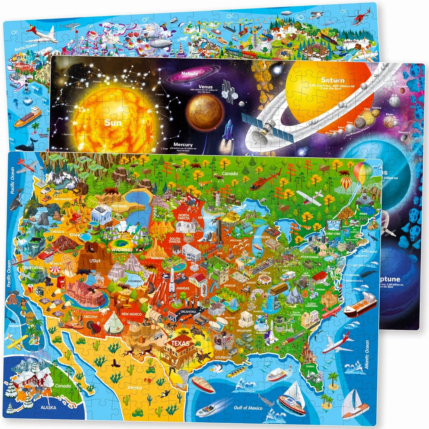 QUOKKA Puzzles for Kids Ages 4-6 - 3 Set 300 Piece Puzzles for Kids 6-8 - Learning Map of The United States World Space Puzzle - Educational Games for Kid 8-10 - Toys for 12 Year Old Boys and Girls