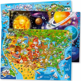 QUOKKA Puzzles for Kids Ages 4-6 - 3 Set 300 Piece Puzzles for Kids 6-8 - Learning Map of The United States World Space Puzzle - Educational Games for Kid 8-10 - Toys for 12 Year Old Boys and Girls