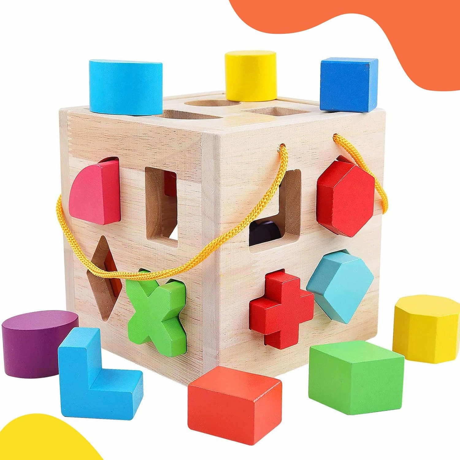 QZMTOY Shape Sorter Toys with 19 Shape Blocks, Classic Wooden Toys for Toddlers Kids, Gift for Girls Boys 2-4 (Natural Solid Wood)