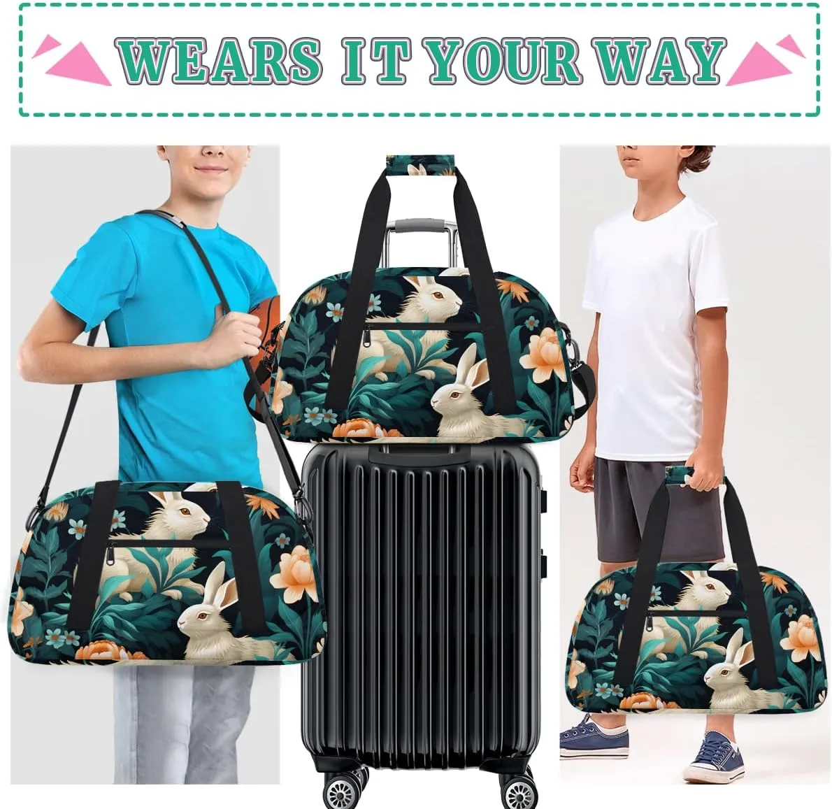 Rabbit Palm Leaf Kids Overnighter Duffel Bags for Boys, Carry-On Size Sports Gym Bag with Front Zipper Pocket for School Practice or Overnight Travel Weekender Sleepover Tote Bag