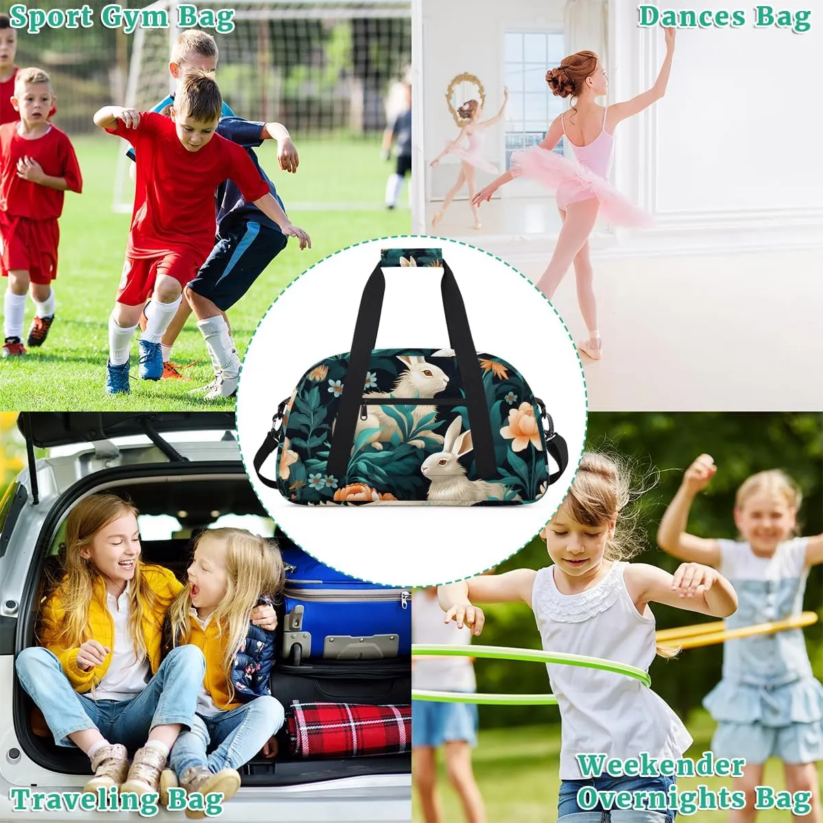 Rabbit Palm Leaf Kids Overnighter Duffel Bags for Boys, Carry-On Size Sports Gym Bag with Front Zipper Pocket for School Practice or Overnight Travel Weekender Sleepover Tote Bag