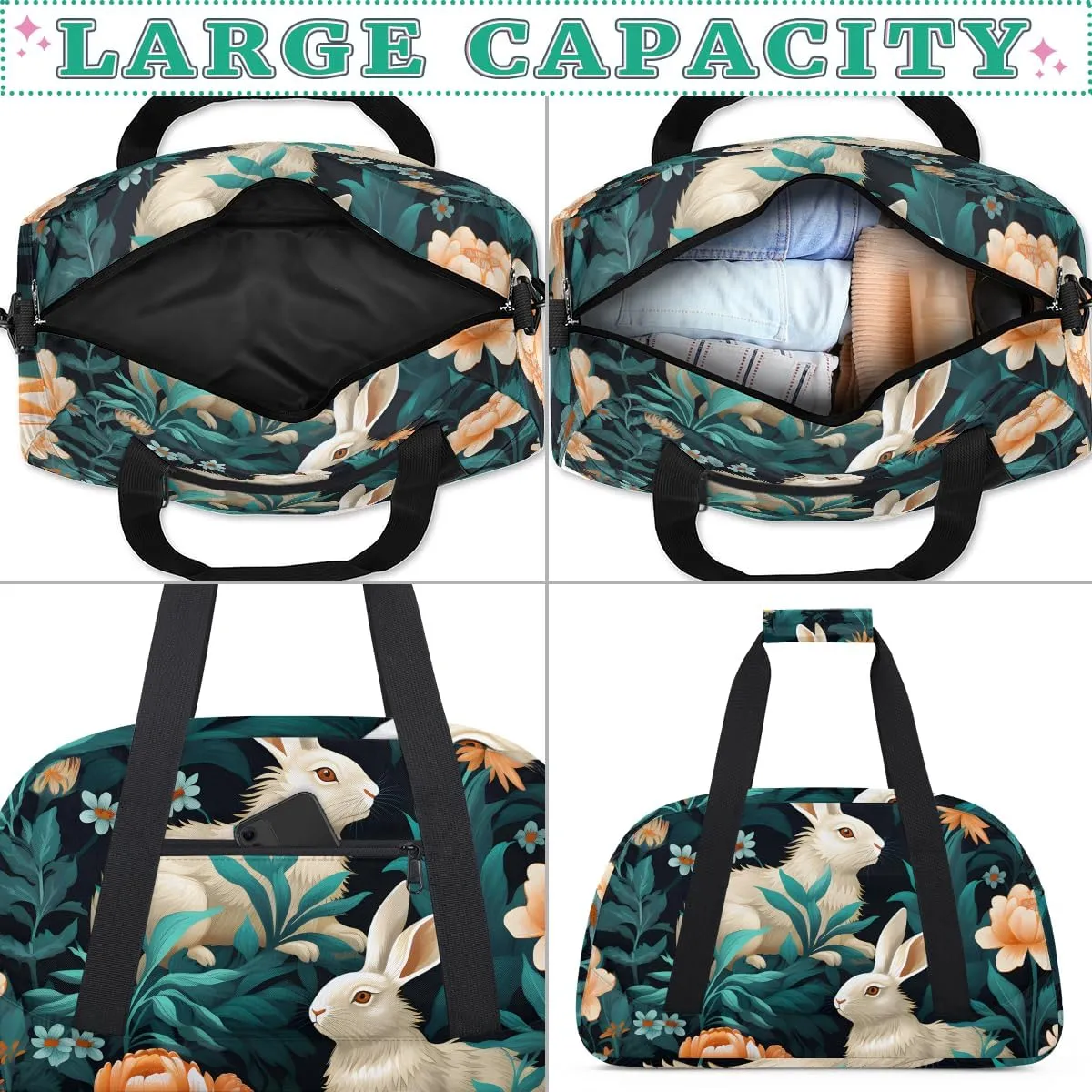 Rabbit Palm Leaf Kids Overnighter Duffel Bags for Boys, Carry-On Size Sports Gym Bag with Front Zipper Pocket for School Practice or Overnight Travel Weekender Sleepover Tote Bag