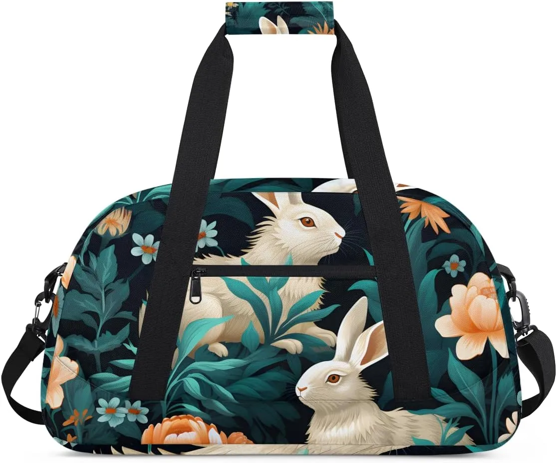 Rabbit Palm Leaf Kids Overnighter Duffel Bags for Boys, Carry-On Size Sports Gym Bag with Front Zipper Pocket for School Practice or Overnight Travel Weekender Sleepover Tote Bag