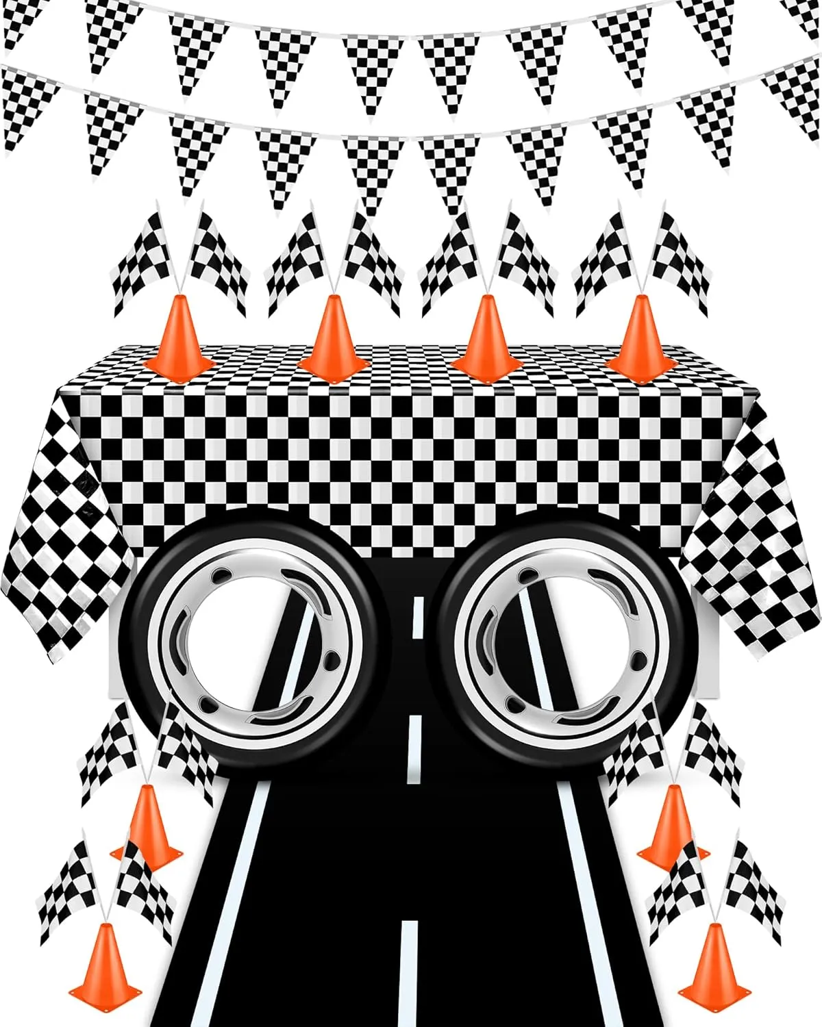 Race Car Party Birthday Supplies, 2x16ft Racetrack Floor Running Mat, Racetrack Tablecloth, Checkered Pennant Banner, 12 Checkered Flags with Sticks, 8 Mini Orange Traffic Cones for Racing Party Decor