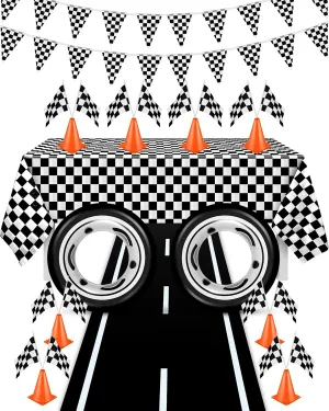 Race Car Party Birthday Supplies, 2x16ft Racetrack Floor Running Mat, Racetrack Tablecloth, Checkered Pennant Banner, 12 Checkered Flags with Sticks, 8 Mini Orange Traffic Cones for Racing Party Decor
