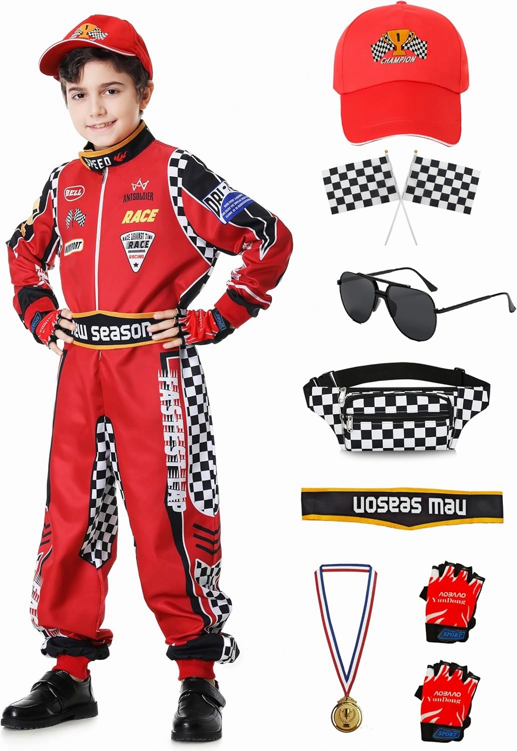 Race Car Driver Costume Boys Racer Jumpsuit Kids Disfraz de Carro para Niño with Sunglasses for Toddler Halloween